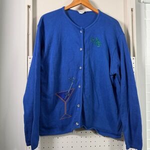 Tia Designs Florida Gator Rhinestone Alligator Martini Blue Cardigan XL USA vtg
